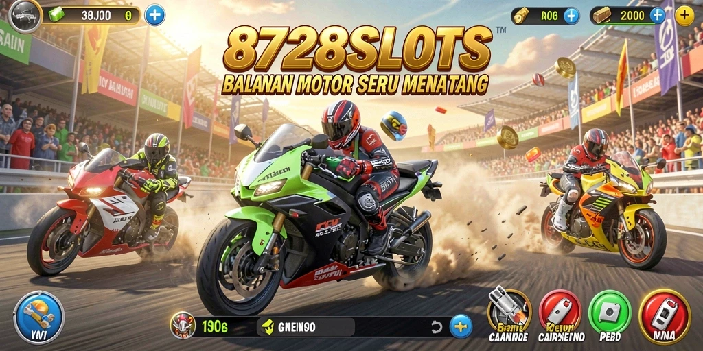 Tampak screenshot gameplay balapan motor penuh aksi di 8728SLOTS.