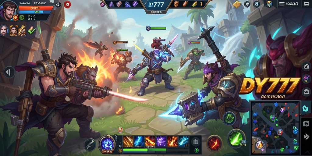 Tampilan seru dari gameplay dalam DY777, pertarungan tim yang intens.