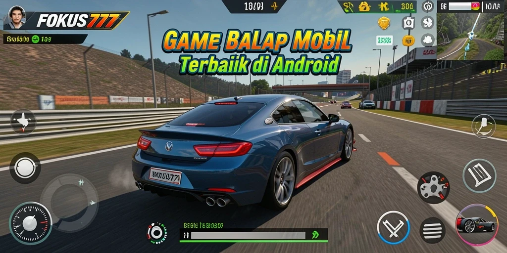 Screenshot gameplay FOKUS777 menunjukkan mobil melaju di lintasan balap yang menantang.