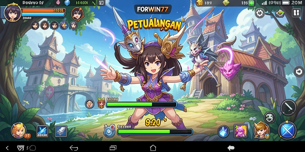 Tangkapan layar utama FORWIN77 menampilkan pertempuran seru dalam dunia Anime.