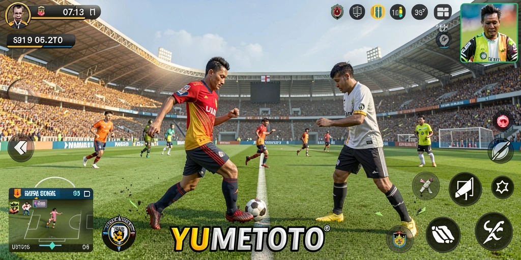 Tangkapan layar YUMETOTO menampilkan aksi seru di lapangan sepak bola.